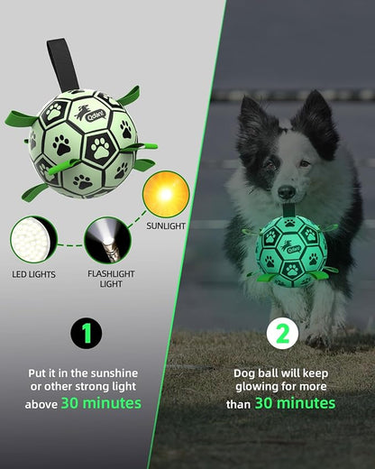 QDAN Premium Dog Ball, Glow in The Dark Dog Toys, Light Up Soccer Ball for Dogs, Outdoor Dog Toys, Doggy Water Toy, Puppy Birthday Gifts for Small Medium (6 Inch)