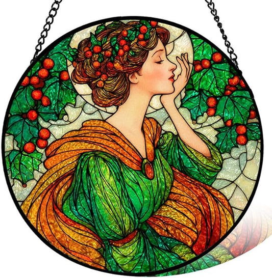6.3in Stained Glass Window Hanging， Art Nouveau Woman with Holly Sun Catchers Indoor Window， Core Decor Inside and Outside The Cottage，Gifts for Women