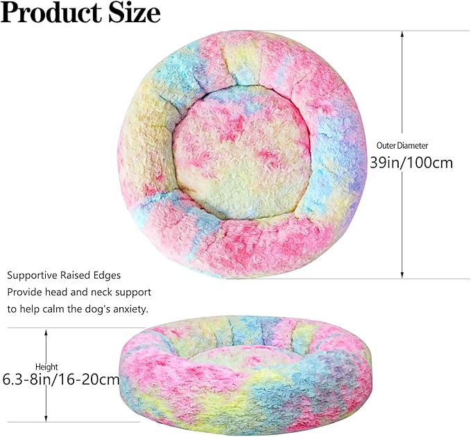 Calming Dog Bed for Big Dogs, 39'' Round Anti-Anxiety Warm Fluffy Plush Faux Fur Bed, Soft Anti-Slip Donut Washable Big Pet Bed, Cozy Big Dogs Bed, Fits up to 100 lbs Pets