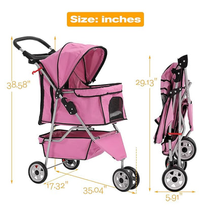 HCY Folding Dog Stroller, 3 Wheels Pet Strollers Pet Gear for Small Medium Cats Dogs Puppy with Storage Basket, Cup Holder,Lightweight-Pink, 35.04inchx 17.32inchx 38.58inch