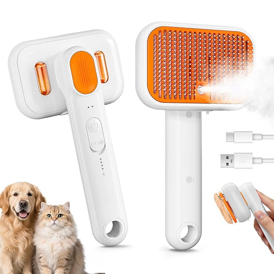 3-in-1 Pet Steam Brush: Rechargeable Grooming Tool with Gentle Mist Spray for Shedding Control, Self-Cleaning, 2-Speed, Waterproof, Safe Rounded Tips - For Dogs, Cats, Rabbits & All Coats