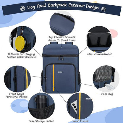 ANILD Dog Travel Bag Backpack, Flight-Ready TSA-Approved Dog Travel Bag with 2 Leak-Proof Food Canisters, 6 Foldable Silicone Bowls, Multi-Compartment Organizer for Hiking, Camping, Dog Mom Essentials