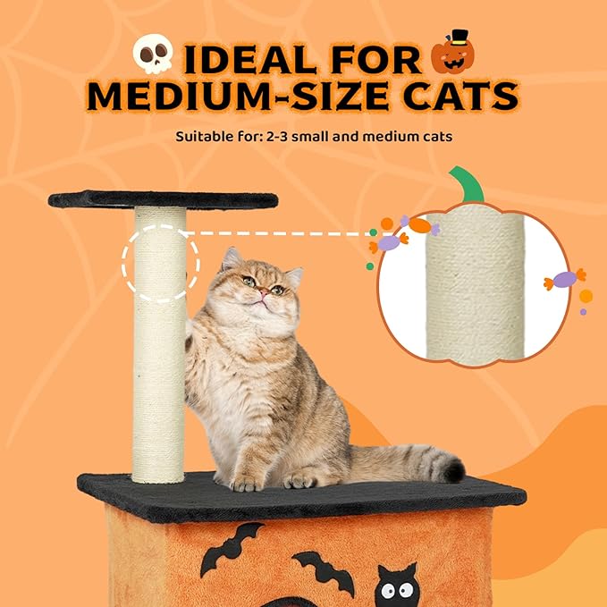 VINGLI 43.4in Halloween Cat Tree Tower, Indoor Gothic Cat House with Sisal-Covered Scratching Posts & Platforms & Cat House Caves Box with Gesture, Black & Orange