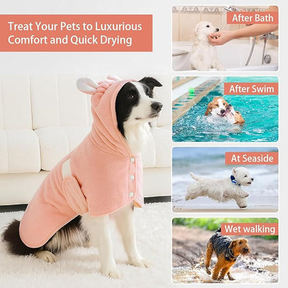 Pet Bathrobe Towel Dog Cat Drying Coat Super Absorbent Cute Dogs Bath Towel Hooded Robe Adjustable Collar & Belly Strap for XSmall to XLarge Pets (Coralpink, Medium)