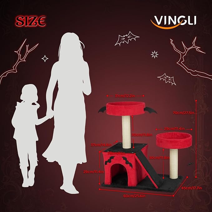 VINGLI 27.6in Gothic Cat Tree with Spacious Cat Condo & 2 Padded Perches, Red & Black Cat Tower with Scratching Ladder, Sisal Posts & Spider Toy for Large Cats