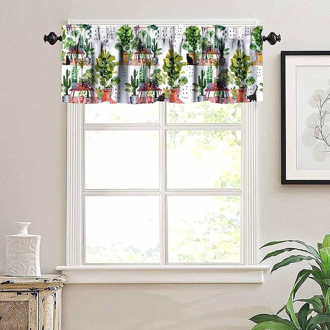 Bohemian Flower Window Valance Curtains, Colorful Boho Floral Black Cats Green House Plants Potted Flower Cactus Valance Curtain for Farmhouse Bedroom Living Room Kitchen 54x18inch