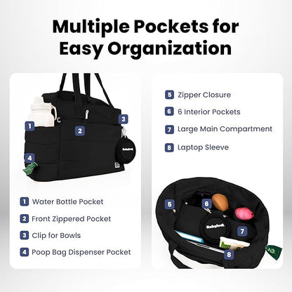 rubyloo Puffer Dog Travel Bag for Dog Moms – Doggy Diaper Bag with Pet Bowls & Food Storage or Everyday Puffy Tote – Doggy Mom Gifts for Women – Lightweight, Travel-Ready Gift for Pet Lovers - Black