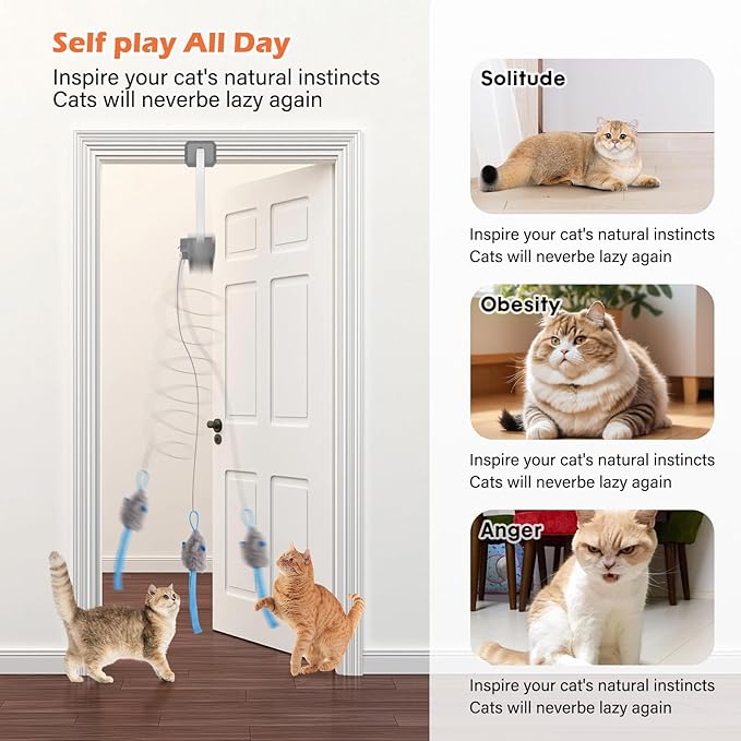 Rechargeable Electric Cat Teaser – Interactive Door Clip Teaser for Cats, 2 Motion Modes (360° Spin & Irregular Jumping), Smart Auto Cat Toy for Exercise & Fun (Grey)