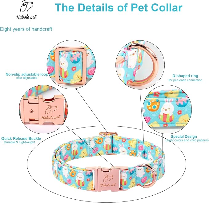 Easter Dog Collar, Cute Egg Hunt Easter Collars for Medium Dogs, Playful Bunny & Chick Print, Adjustable Heavy Duty Boy Girl Spring Holiday Dog Collar with Metal Buckle M