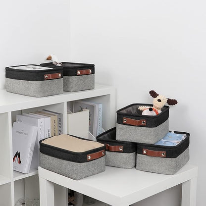 DULLEMELO Small Storage Baskets for Shelves, Small Fabric Collapsible Rectangular Storage Bins for Shelves, Closets, Nursery, Home, Office, Empty Gift Baskets (6-Pack, Black&Gray)