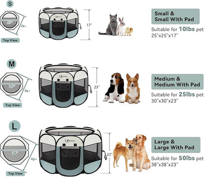 Pink Puppy Playpen for Middle Dog Cat, Dogs Tent Crate Cage Indoor/Outdoor, Portable Pop Up Dog Kennel with Carrying Bag for Rabbits, Removable Top (Grey with Pad, Large)
