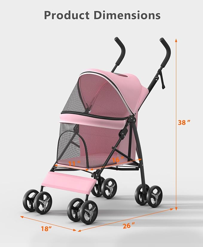 OS MOTOR Pet Stroller with 4 Wheels for Small/Medium Pets, Portable Travel Foldable Carrier Jogger for Dog Cat Puppy Kitty, Rear Wheel Breaks, Storage Basket, Visible Mesh with Weather Cover (Pink)