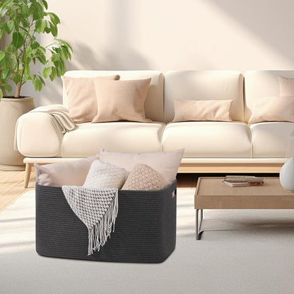 OIAHOMY Large Blanket Basket,Storage Basket with Handle, Blanket Basket for Living Room, Rectangle Woven Cotton Rope Basket for Bedroom, Toy Baskets Organizer Bins, 22" x 17" x 12" in, Dark Grey