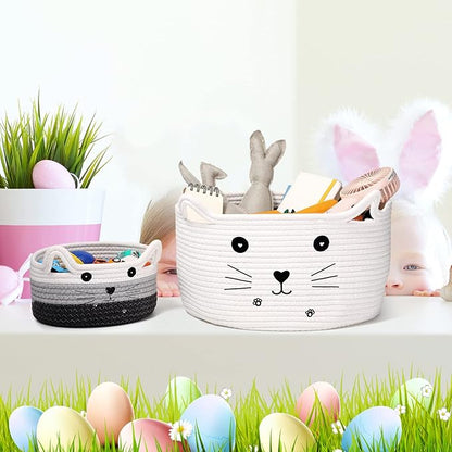 Zopeal Cat Basket Storage Woven Organizer with Ears Easter Decorative Pet Toy Cute Cotton Rope Basket for Gift Cat Dog Toy Bin Nursery Room(13.7 x 7.8 Inch,White)
