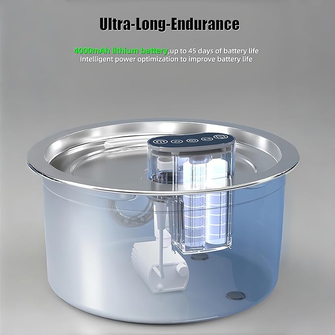 Wireless Cat Water Fountain Stainless Steel, [45 Days Battery Life] Automatic Rechargeable Pet Water Fountain, 2.6L/88oz Dog Water Dispenser, Ultra-Quiet Pump, 4-Layer Filtration for Cats & Dogs