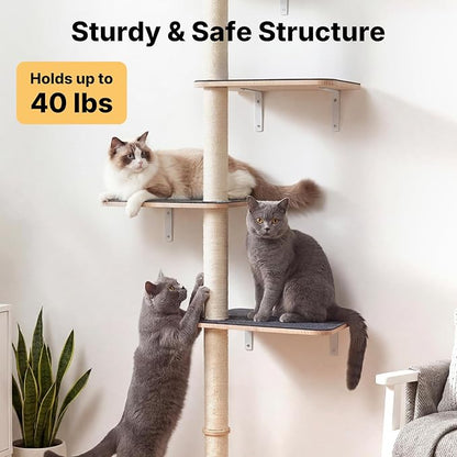 Veehoo Wall Mounted Cat Tree for Large Cats, 66" Tall Cat Wall Climber with Large Perches and Non-Slip Carpet, Cats Wall Shelves Furniture for Climb, Scratch, Lookout and Play