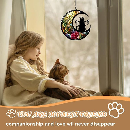 BamLue Cat Memorial Suncatcher for Windows Memorial Ornament, Pet Sympathy Gift to Memorialize The Loss, Angel Cat Sun Catchers with Personalized Decorations in Loving Memory for Loss
