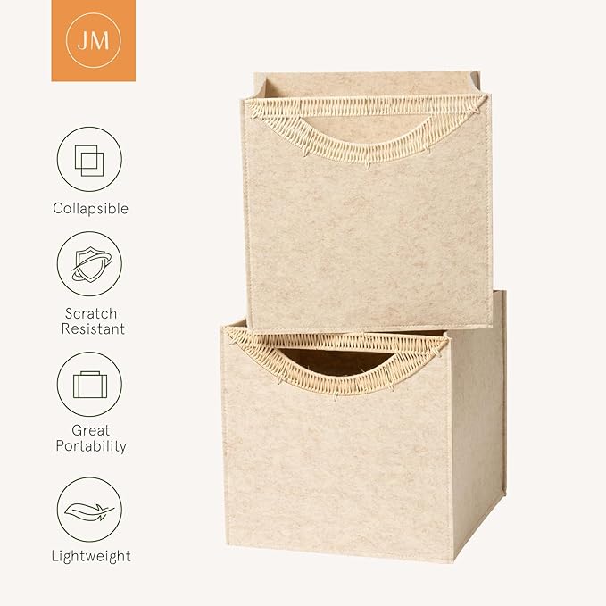 La Jolie Maison 2 Pack Foldable Oatmeal Felt Cube Bins, 13 Inch Storage Cube with Rattan Handle, Decorative Storage Bins for Closet Toys Bedroom