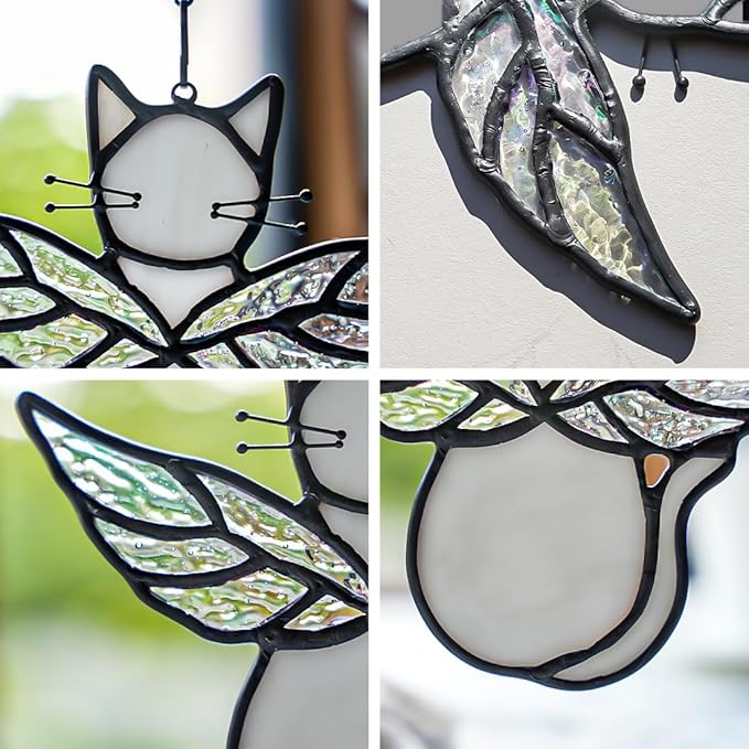 Gray Cats Gifts for Cats Lovers Suncatcher for Window,Angel Cat Memorial Gifts Stained Glass Window Hangings,Cat Loss Memorial Gifst for Women