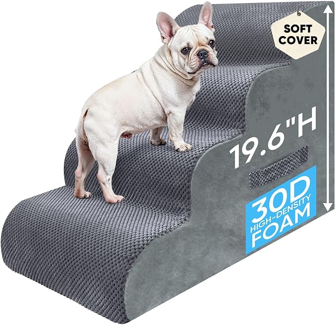 PAWSCART Pet Stairs for Dogs 4-Step, 19.6" H Pet Stairs for High Bed, Couch Sofa & Chair, 30D Material Soft Foam Dog Steps with Non-Slip Bottom Surface Removable Washable Cover, Grey