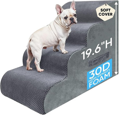 PAWSCART Pet Stairs for Dogs 4-Step, 19.6" H Pet Stairs for High Bed, Couch Sofa & Chair, 30D Material Soft Foam Dog Steps with Non-Slip Bottom Surface Removable Washable Cover, Grey