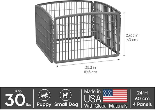 IRIS USA 24" Exercise 4-Panel Pet Playpen, Puppy Pet Small Medium Dog Pen Keep Pets Secure Easy Assemble Rust-Free Heavy-Duty Molded Plastic Customizable, Dark Gray