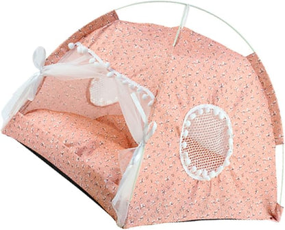 Indoor Pet Tent with Mesh Door, Cat & Dog Tent House, Washable & Warm, Slip Resistant, All Seasons (Pink)