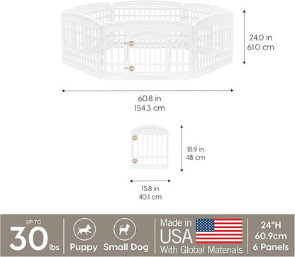 IRIS USA 24" Dog Playpen 6-Panel Pet Exercise Pen with Door Gate 61x61x24 Puppy Play Pen Indoor Outdoor Plastic Heavy Duty Foldable Portable Pet Fence for Small Medium Dogs Puppies Multiple Pets White