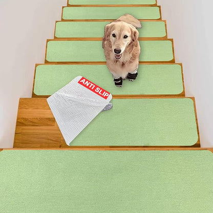 Nonslip Stair Treads Wooden Steps, 15 PCS 30" x 8" Safety Rug Slip Resistant Runner with Reusable Adhesive, Carpet Landing Mat for Family Elders Pets Soft Stair Mats Indoor (Green)