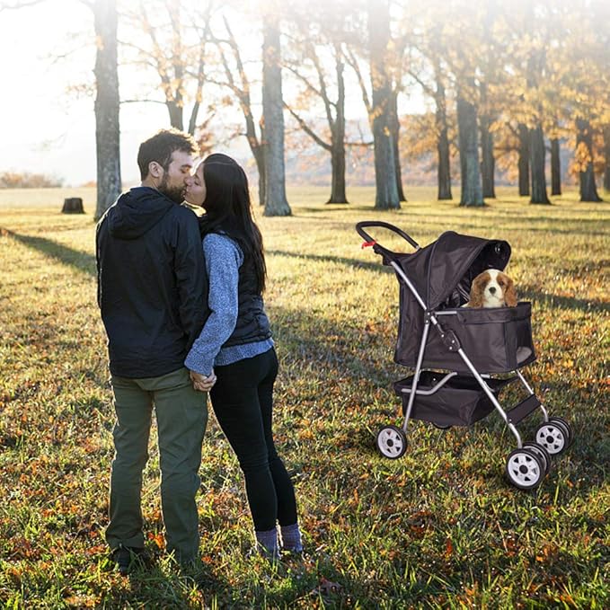4 Wheel Pet Stroller Cat Dog Cage Stroller Travel Folding Carrier with Cup Holder and Removable Lining for Small and Medium Dogs, Cats (Black)