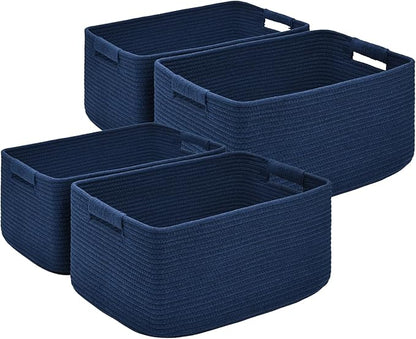 4 Pack Large Storage Basket for Organizing, 17.5"x13"x7" Woven Basket for Shelves, Closet Cube Storage Bins with Wrapped Handle, Cotton Rope Baskets for Kitchen, Clothes, Toys(Navy Blue)