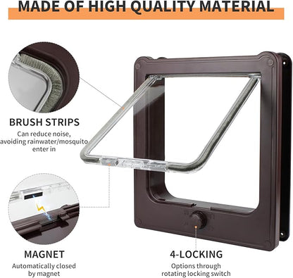 NAMSAN Cat Door Interior Door, Brown, Flap Opening 7.1" x 7.3", 4 Way Locking Cat Door for Exterior Door, Weatherproof Pet Door for Cats Small Dogs, Cat Flap Doors for Wooden/Metal Door, Window