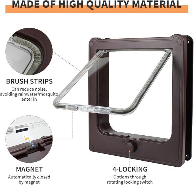 Large Cat Door for Interior Door (Outer Size 10.8"x9.25") 4-Way Locking Cat Door for Exterior Door Brown Cat Flap Up to 25lb