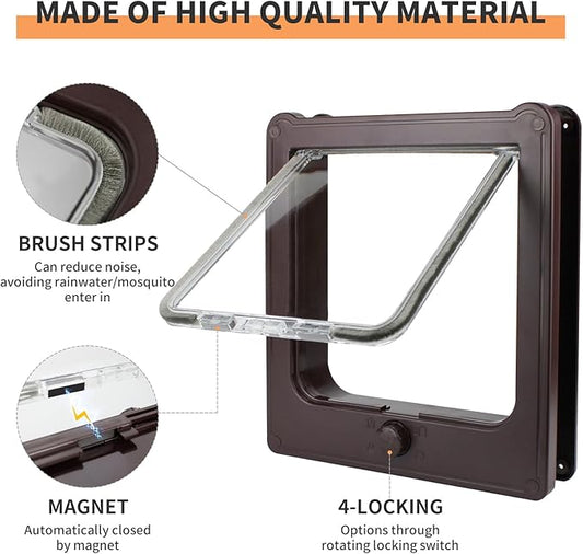 Large Cat Door for Interior Door (Outer Size 10.8"x9.25") 4-Way Locking Cat Door for Exterior Door Brown Cat Flap Up to 25lb