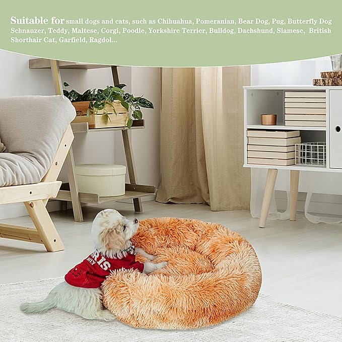 Calming Dog Bed for Small Dogs Cats, Kitty Puppy 23'' Round Anti-Anxiety Warm Fluffy Plush Faux Fur Bed, Soft Anti-Slip Donut Washable Small Pet Bed, Cozy Cat Puppy Bed, Fits up to 30 lbs Pets