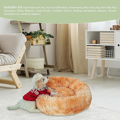Calming Dog Bed for Small Dogs Cats, Kitty Puppy 23'' Round Anti-Anxiety Warm Fluffy Plush Faux Fur Bed, Soft Anti-Slip Donut Washable Small Pet Bed, Cozy Cat Puppy Bed, Fits up to 30 lbs Pets