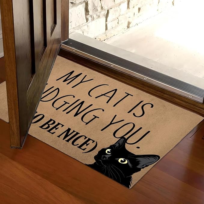 Funny Welcome Doormat (23.7 in X 15.6 in) Anti-Slip Rubber Back Entrance Way Indoor Front Porch Decor Rugs House Warming Gift (My Cat is Judging You So Please Be Nice Peeking Cats)