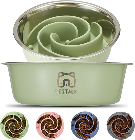 2-in-1 Metal Slow Feeder Dog Bowl, Bestalk Stainless Steel Dog Bowls with Silicone Slow Feeder Insert, Food Grade 304 Water Food Bowl with Anti-Slip Base for Small, Medium, Large Dogs