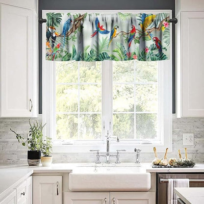 Tropical Birds Window Valance Curtains, Asian Oriental Bird Parrot Leaves Watercolor Boho Floral Plant Nature Spring Summer Valance Curtain for Farmhouse Bedroom Living Room Kitchen 54x18inch