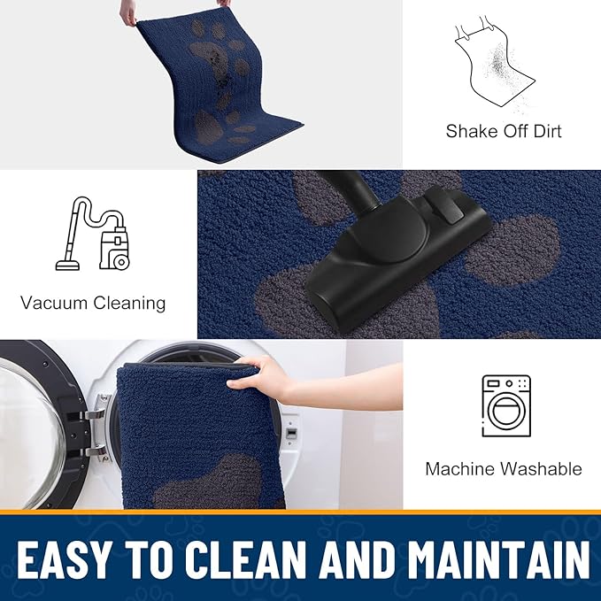Smiry Dog Door Mat for Muddy Paws, Absorbs Moisture and Dirt, Low-Profile Entryway Mat with Non-Slip Backing, Entry Indoor Outdoor Doormat for Inside Floor (40x32 Inches, Navy Blue, Paw)