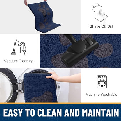 Smiry Dog Door Mat for Muddy Paws, Absorbs Moisture and Dirt, Low-Profile Entryway Mat with Non-Slip Backing, Entry Indoor Outdoor Doormat for Inside Floor (40x32 Inches, Navy Blue, Paw)