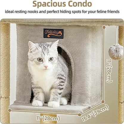 Cat Tree Tower Scratching Post for Indoor Large Cats, Small Cat Tree with Big Perch Bed, 28in Tall Trees House with Condo Cave, Toy Balls, Modern Climbing Furniture Platform for Kitten (Light Gray)