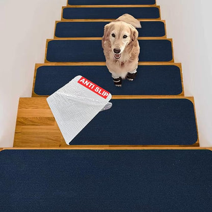 Nonslip Stair Treads Wooden Steps, 15 PCS 30" x 8" Safety Rug Slip Resistant Runner with Reusable Adhesive, Carpet Landing Mat for Family Elders Pets Soft Stair Mats Indoor (Blue)
