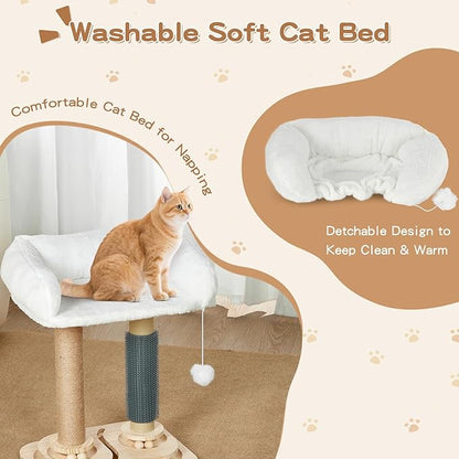Scratching Post with Bed for Indoor Small Kittens, 4 in 1 Cat Tree with Self Groomer, Track Balls, Natural Sisal Cat Tower with Interactive Toy