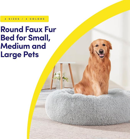 Dog & Cat Bed: Round Faux Fur Pet Bed - Plush, Cozy, & Calming Donut Bed for Small Pets - Soft & Comfortable Sleeping Cushion for Napping & Lounging, 20" Round, Silver