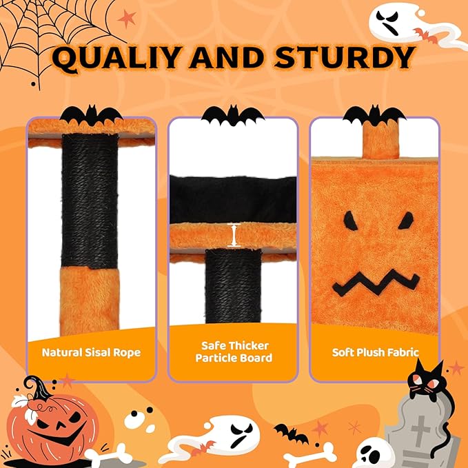VINGLI 39.4in Halloween Cat Tree, Cat Tree Tower with Sisal-Covered Scratching Posts & House Cave & Platform Beds Side & Scratch Board, Tall Kittens Pet House w/Hanging Balls Spider, Black & Orange