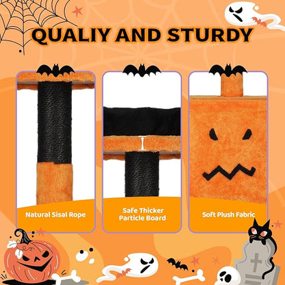 VINGLI 39.4in Halloween Cat Tree, Cat Tree Tower with Sisal-Covered Scratching Posts & House Cave & Platform Beds Side & Scratch Board, Tall Kittens Pet House w/Hanging Balls Spider, Black & Orange