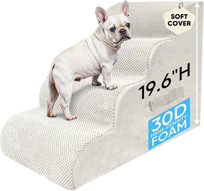 PAWSCART Pet Stairs for Dogs 4-Step, 19.6" H Pet Stairs for High Bed, Couch Sofa & Chair, 30D Material Soft Foam Dog Steps with Non-Slip Bottom Surface Removable Washable Cover, Beige