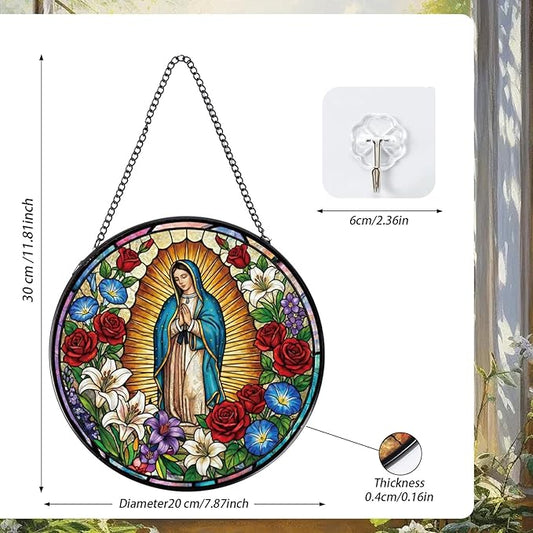 Stained Glass Window Hanging, Our Lady of Guadalupe Sun Catcher Gift, Religious Christian Gifts for Wall Art Landscape Hanging Home Decor 8 Inch