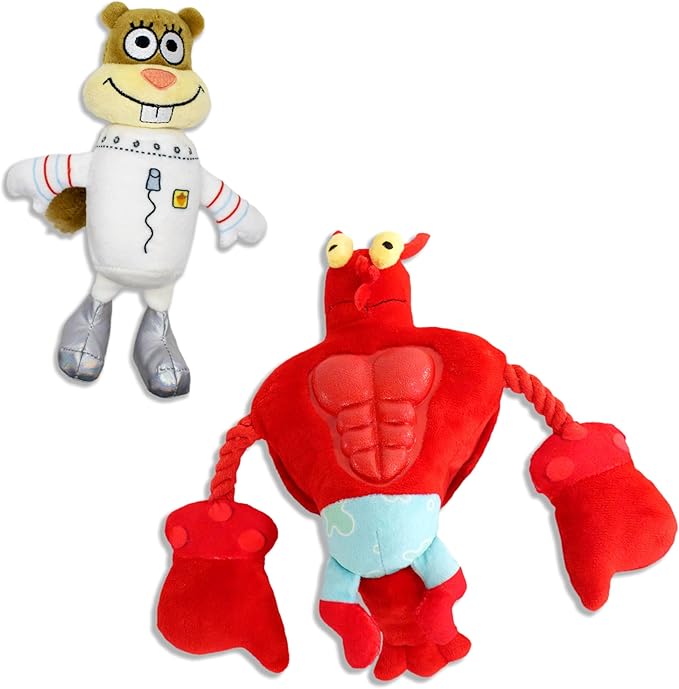 design LAB, Inc. Spongebob Squarepants Official Merchandise Squeaky Plush Dog Toys | 2-Pack Larry & Sandy Dog Toy with Squeaker and Tug Rope | Spongebob Squarepants Toys for Dogs